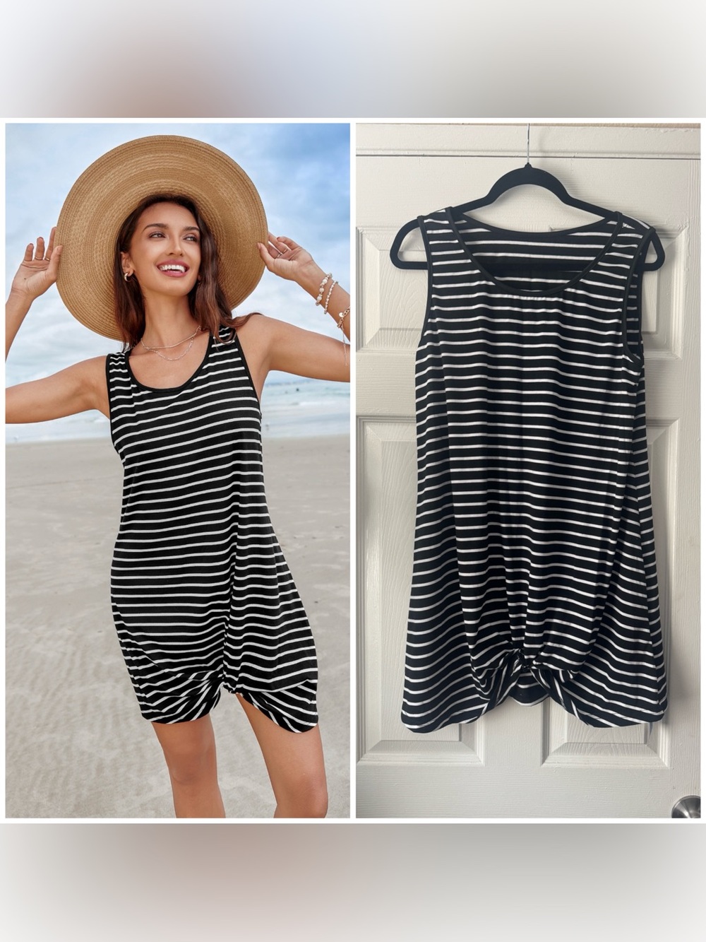 NEW Cupshe Black & White Striped Tank Swim Cover-Up Dress, Large